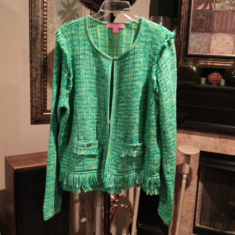 FINAL PRICE Lilly Pulitzer Fringed Knit Sweater Jacket w Signature Gold Buttons - Picture 2 of 15
